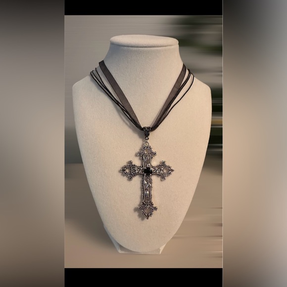 Gothic Cross Necklace Statement Floral Cross Pendant on a Black Ribbon Necklace. - Picture 5 of 9